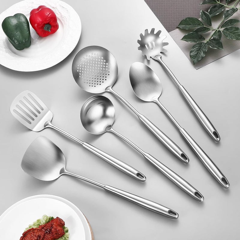Lazycorner 304 Stainless Steel Cooking Utensils,6 Pcs Kitchen Cooking Utensils Set with Spatula, Solid Spoon, Ladle, Skimmer, Spaghetti Spoon,Dishwasher Safe - Image 3